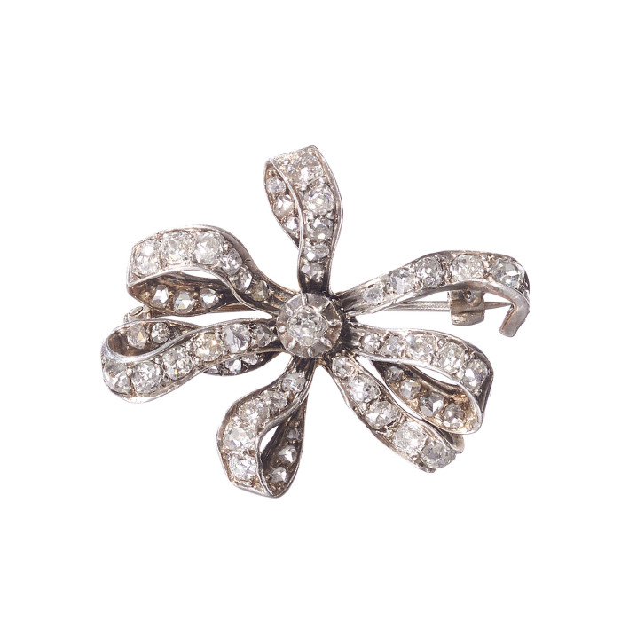 Victorian Diamond and Silver-Upon-Gold Bow Brooch, Circa 1880