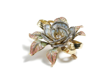 Moira Plique à Jour Enamel Silver Diamond Gold and Silver Flower Brooch