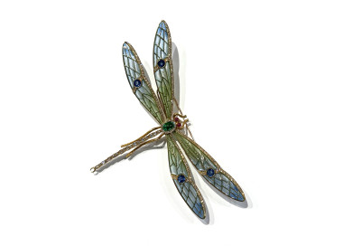 Modern Plique à Jour Enamel, Emerald, Sapphire, Diamond, Ruby and Gold Dragonfly Brooch