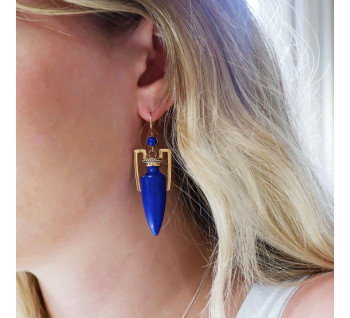 Antique Lapis Lazuli and Gold Amphora Earrings, Circa 1875 modelled