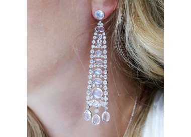 Modern Moonstone Diamond and Platinum Drop Earrings modelled