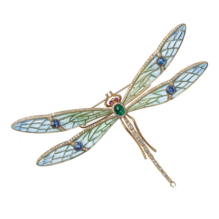 Modern Plique à Jour Enamel Emerald Sapphire Diamond Ruby and Gold Dragonfly Brooch