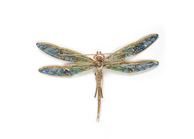 Modern Plique à Jour Enamel Emerald Sapphire Diamond Ruby and Gold Dragonfly Brooch