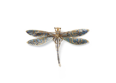 Modern Plique a Jour Enamel Sapphire Diamond and Gold Dragonfly Brooch