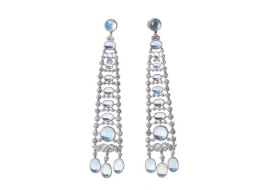 Modern Moonstone Diamond and Platinum Drop Earrings
