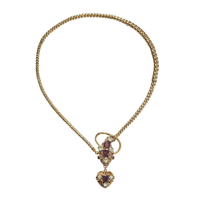 Antique Garnet Beryl and Gold Snake Necklace, Circa 1840