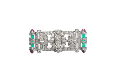 Art Deco Style Diamond, Green Agate, Ruby and Platinum Brooch