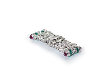 Art Deco Style Diamond, Green Agate, Ruby and Platinum Brooch