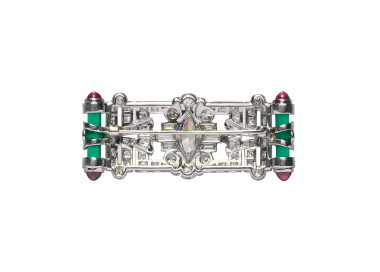 Art Deco Style Diamond, Green Agate, Ruby and Platinum Brooch