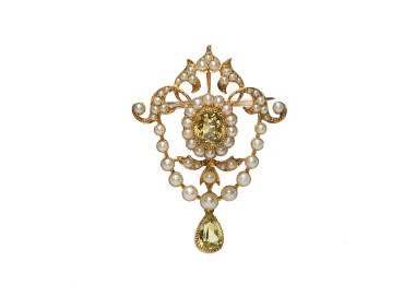 Antique Chrysoberyl Natural Pearl and Gold Brooch-Cum-Pendant