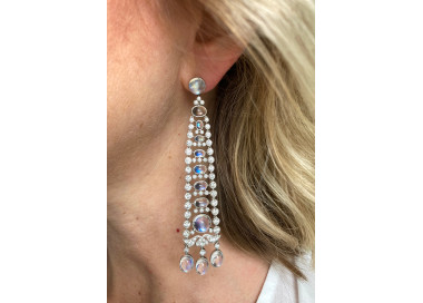 Modern Moonstone, Diamond and Platinum Drop Earrings modelled