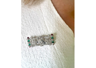 Art Deco Style Diamond, Green Agate, Ruby and Platinum Brooch modelled