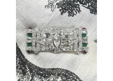 Art Deco Style Diamond, Green Agate, Ruby and Platinum Brooch modelled