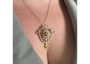 Antique Chrysoberyl Natural Pearl and Gold Brooch-Cum-Pendant, Circa 1910