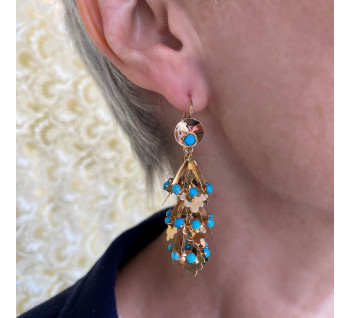 Vintage Turquoise and Gold Drop Earrings, Circa 1950, modelled