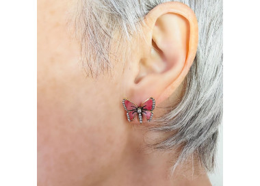 Moira Pink Plique à Jour Enamel, Diamond and Gold Butterfly Earrings, modelled