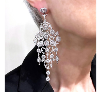 Modern Large Diamond and Platinum Chandelier Earrings, 15.26 Carats, modelled