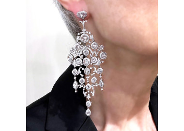Modern Large Diamond and Platinum Chandelier Earrings, 15.26 Carats, modelled