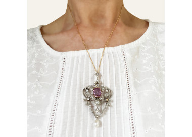 Modern Belle Epoque Style Pink Sapphire, Pearl Diamond Silver and Gold Pendant, modelled
