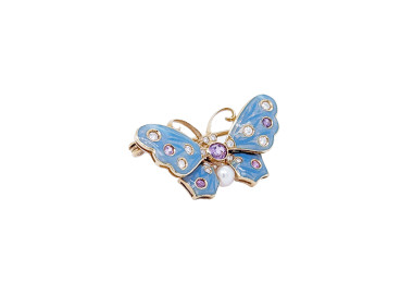 Modern Light Blue Enamel Purple Sapphire Diamond Pearl and Gold Butterfly Brooch