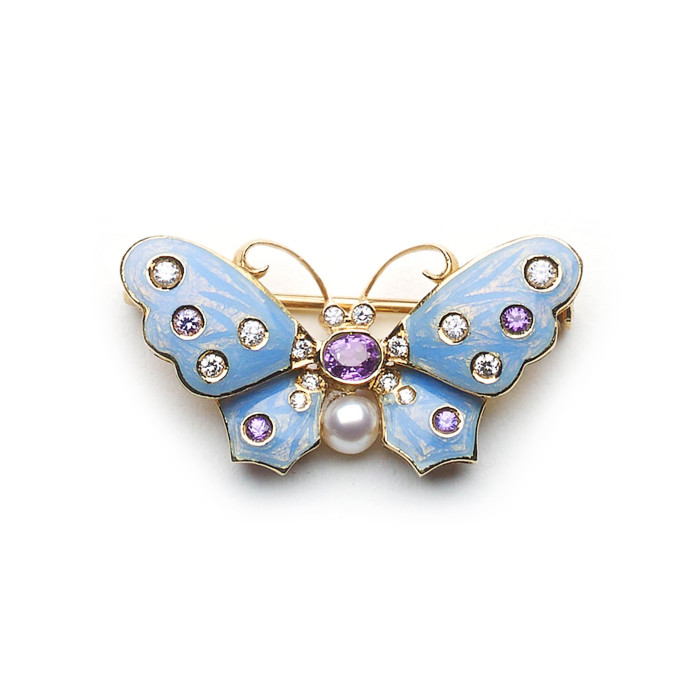 Modern Light Blue Enamel Purple Sapphire Diamond Pearl and Gold Butterfly Brooch