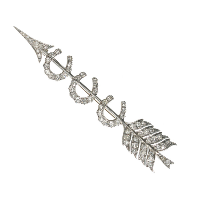 Victorian Diamond and Silver Upon Gold Triple Horseshoe and Arrow Brooch, Circa 1880, 4.80 Carats