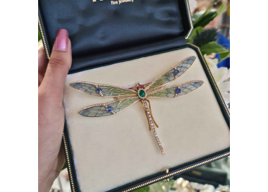 Modern Plique à Jour Enamel Emerald Sapphire Diamond Ruby and Gold Dragonfly Brooch, boxed