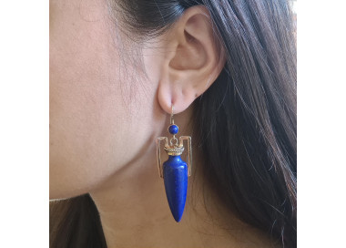 Antique Lapis Lazuli and Gold Amphora Earrings, Circa 1875 modelled