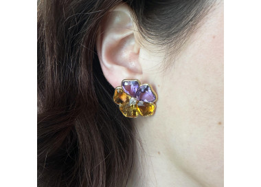 Amethyst Citrine Diamond and Gold Pansy Earrings, modelled