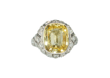 Yellow Sapphire, Diamond and Platinum Dress Ring
