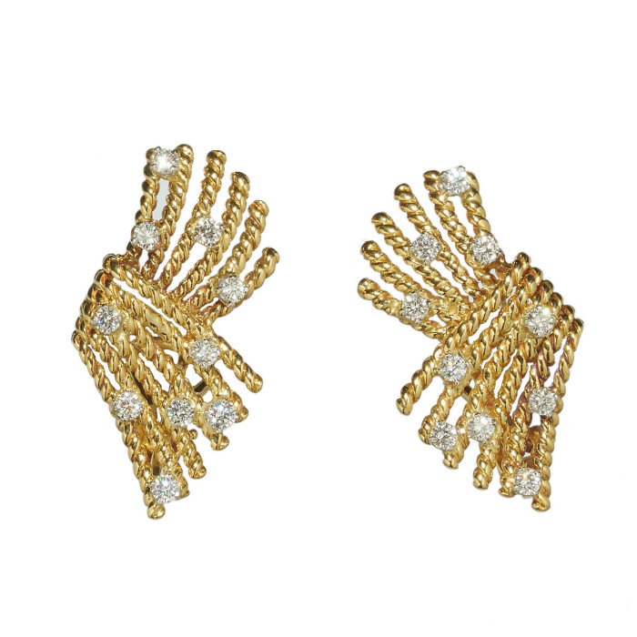 Vintage Schlumberger "V-Rope" Gold Diamond and Platinum Earrings, Circa 1980