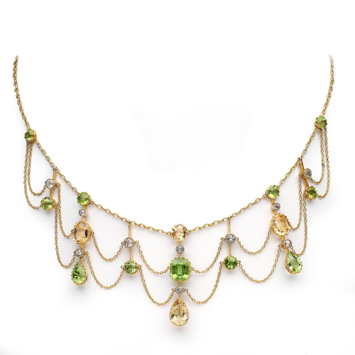 Antique Peridot Citrine White Sapphire and Gold Festoon Necklace