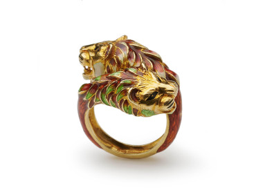 Vintage Enamel and Gold Double Lion Head Ring by Zolatas, Circa 1980