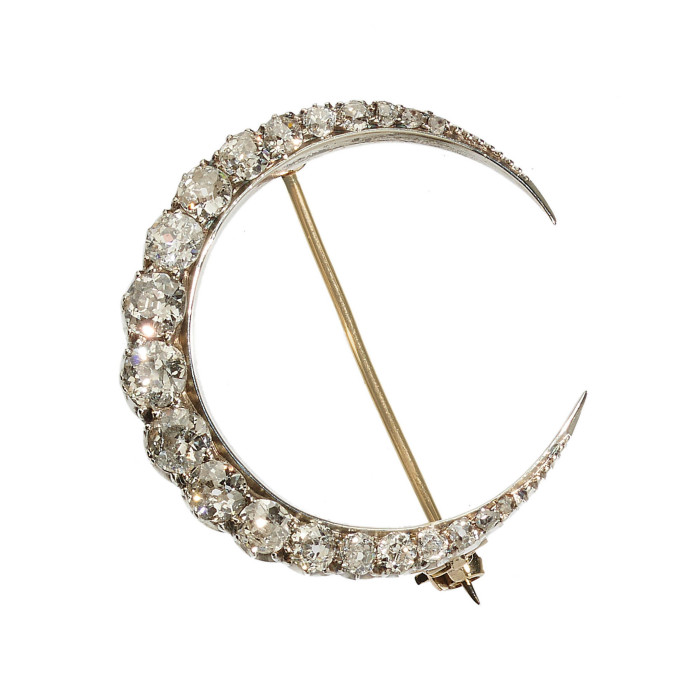 Victorian Diamond and Silver Upon Gold Crescent Brooch, Circa 1890, 3.50 Carats