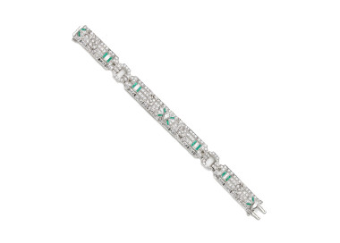 Art Deco Diamond Emerald and Platinum Bracelet, Circa 1925