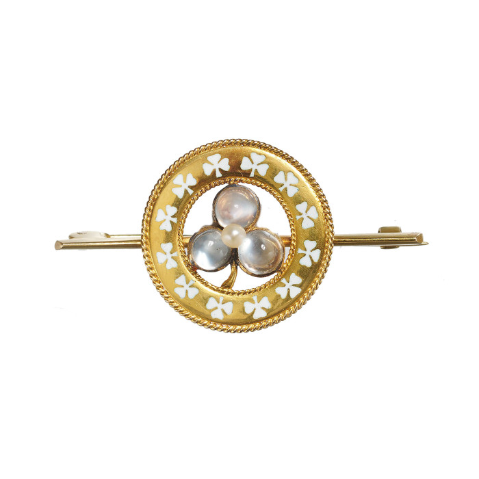Antique Moonstone Natural Pearl Enamel and Gold Lucky Clover Brooch, Circa 1900