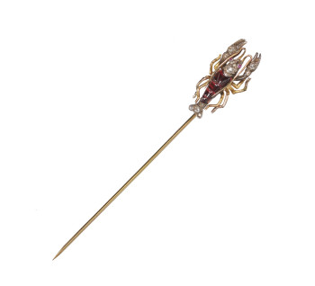 Antique Garnet Diamond Ruby Gold and Silver Lobster Tie Pin