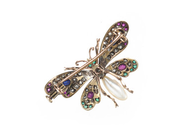 Antique Diamond Pearl Sapphire Ruby Emerald Silver and Gold Butterfly Brooch, Circa 1900