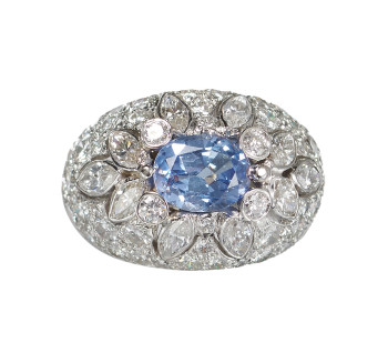 Vintage Sapphire Diamond and Platinum Bombé Ring, Circa 1960