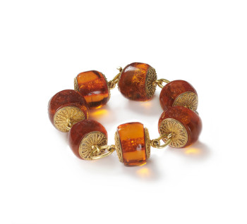 Victorian Amber and Etruscan Style Gold Bracelet in Fitted Case, Circa 1875