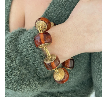 Victorian Amber and Etruscan Style Gold Bracelet in Fitted Case, Circa 1875, modelled