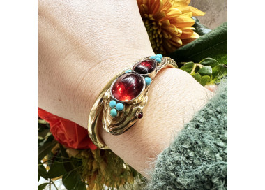Victorian Garnet Turquoise and Gold Snake Bangle, Circa 1900, modelled