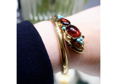 Victorian Garnet Turquoise and Gold Snake Bangle, Circa 1900, modelled