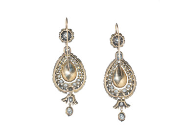 Diamond and Silver Upon Gold Antique Style Drop Earrings, 10.38ct