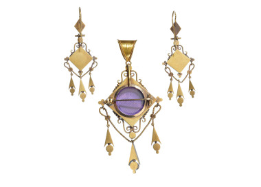 Antique Italian Micromosaic and Gold Brooch-Cum-Pendant and Earrings Suite, Circa 1840