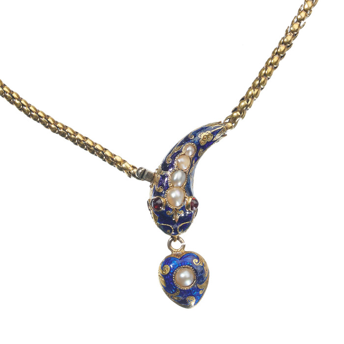 Victorian Natural Pearl, Garnet, Blue Enamel and Gold Snake Necklace, Circa 1850