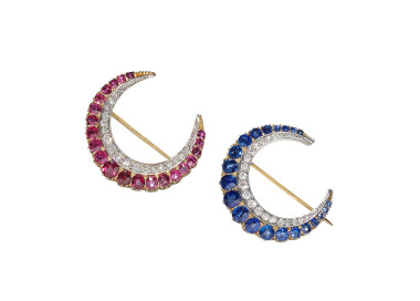 Antique Ruby and Diamond and Sapphire and Diamond Gold and Silver Crescent Brooches, Circa 1900
