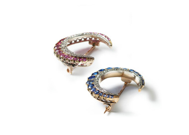 Antique Ruby and Diamond and Sapphire and Diamond Gold and Silver Crescent Brooches, Circa 1900
