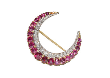 Antique Ruby Diamond Gold and Silver Crescent Brooch, Circa 1900