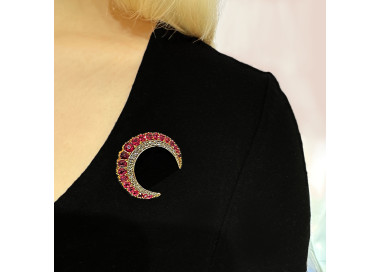 Antique Ruby Diamond Gold and Silver Crescent Brooch, Circa 1900, modelled